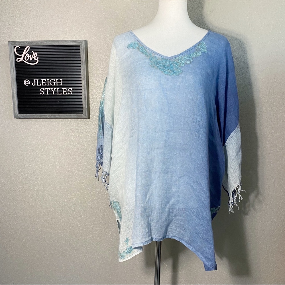Blue Ombré Linen Lagenlook Tunic Lace Detail XL